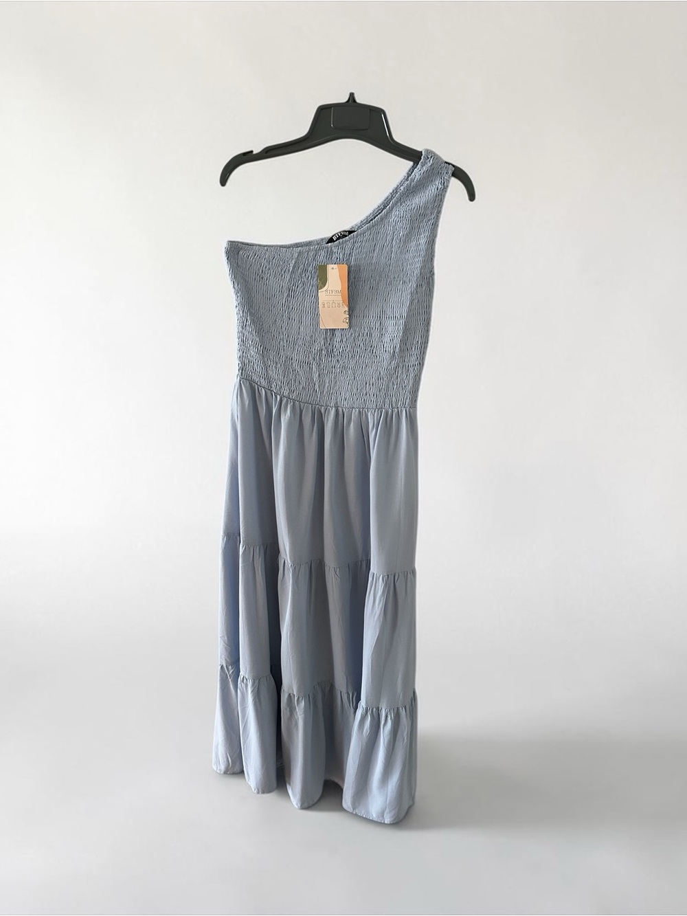 One-Shoulder Light Slate Blue Tiered Maxi Dress